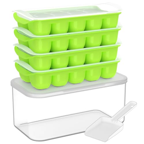 DOQAUS Ice Cube Tray with Lid and Bin - 4 Pack Ice Bucket Kits, Stackable Silicone Ice Trays for Freezer, Easy Pop Out, BP...