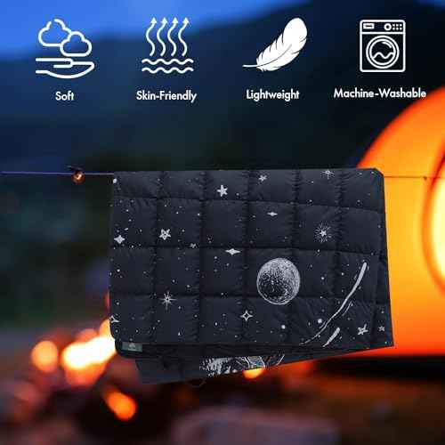 Down Camping Blanket, Ultralight Compact Packable Throw with Snaps for Outdoor Indoor, Travel Stadium Concert Picnic Beach, Puffy 650 Fill Down Water-Resistant Quilt (Midnight Sunrise)