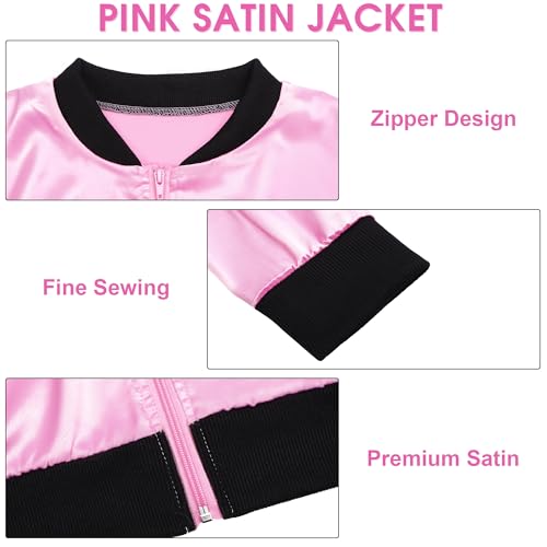 SOMSOC 5 Pieces 1950s Women Pink Satin Jacket with Polka Dot Scarf Headband Earrings Eye Glasses Halloween Party Costume Set