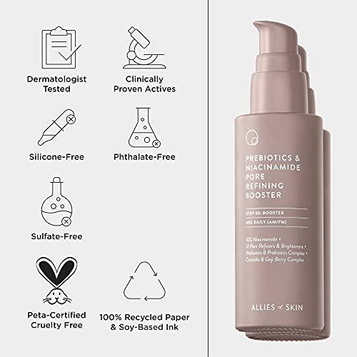 Allies of Skin Prebiotics & Niacinamide Pore Refining Booster | Minimize the Appearance of Pores with Goji Berry & Probiotics Complex | Calm Redness and Treat Blemish Prone, Dull Skin | 1.7 fl oz