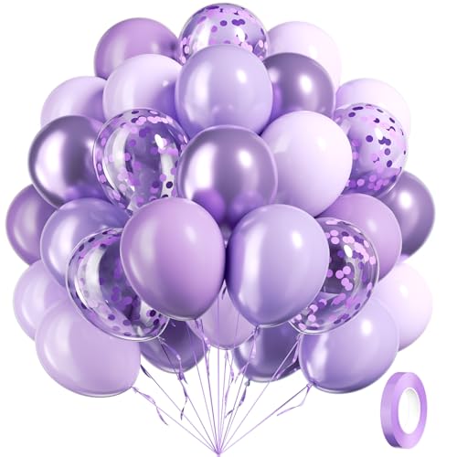 60pcs Lavender Balloons 12inch, Light Purple Balloons with Pastel Metallic Pearl Purple Confetti Balloons for Birthday Bab...