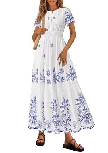 PRETTYGARDEN Boho Dresses for Women 2026 Summer Spring Casual Floral Short Sleeve V Neck Maxi Elastic Waist Dress Pockets