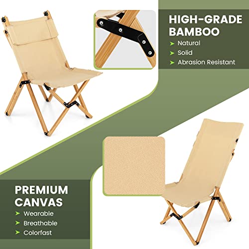 Giantex Folding Camping Chairs, Portable Beach Chairs with 2-Level Adjustable Backrest, Bamboo Frame Canvas Fabric, Outdoo...