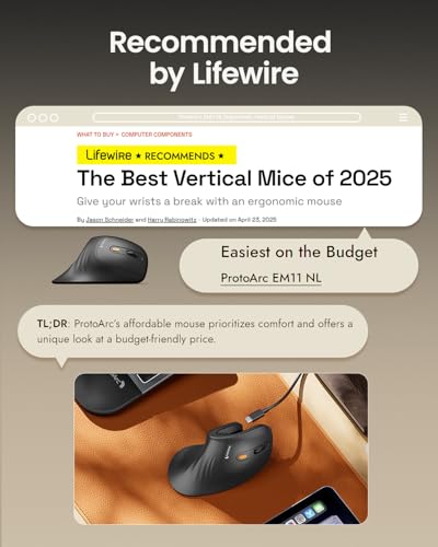 ProtoArc Ergonomic Mouse, EM11 NL Bluetooth Rechargeable Wireless Vertical Mouse, 3 Multi-Device Connectivity for Compute...