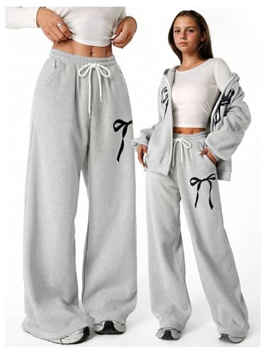 Verdusa Girl's Bowknot Baggy Sweatpants Lightweight Straight Leg Athletic Pants with Pockets