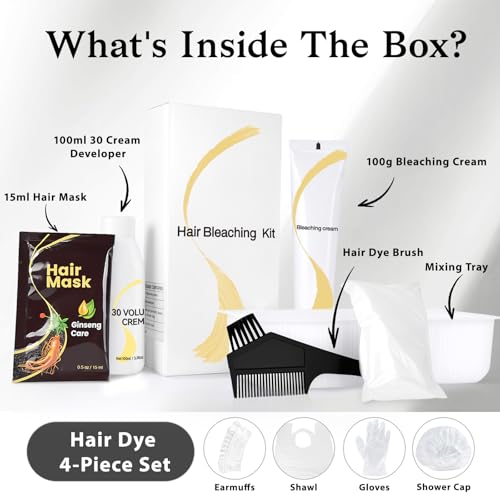 Hair Bleach Kit,High Performance Up to 8 Levels of Lift for Hair Highlights & Lightening,Complete kit with Tint Bowl,Brush,Gloves & Cap,Hair Mask.