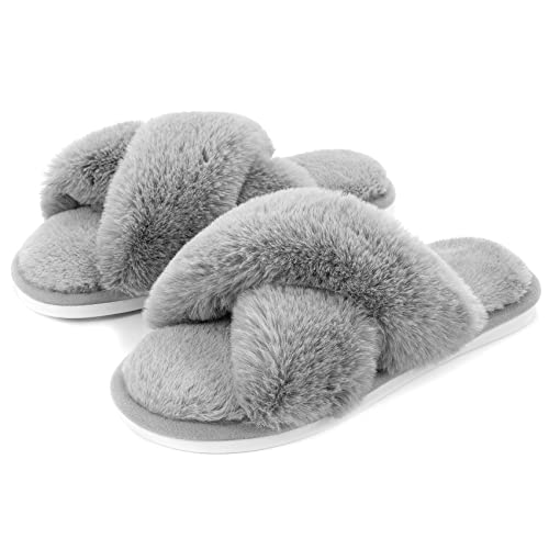 Metog Women's Fuzzy Cross Band Indoor/Outdoor Soft Open Toe Slippers