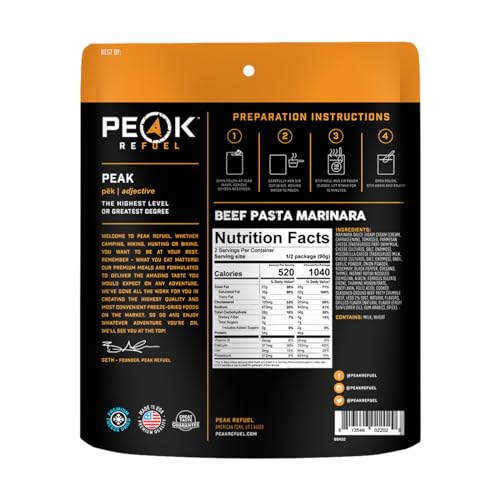 Peak Refuel Beef Pasta Marinara | 49g Protein | 1040 Calories | 100% Real Meat | Premium Freeze Dried Backpacking & Campin...