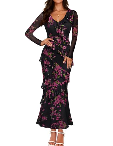 ZESICA Women's Fall Floral Long Sleeve Maxi Dress 2026 Boho Bodycon V Neck Ruffle Wedding Party Long Dresses