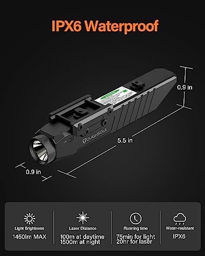 TOUGHSOUL Tactical Flashlight Green Laser Sight Combo, 1450 Lumen Picatinny Rail MLOK Mounted Rechargeable Rifle Flashligh...