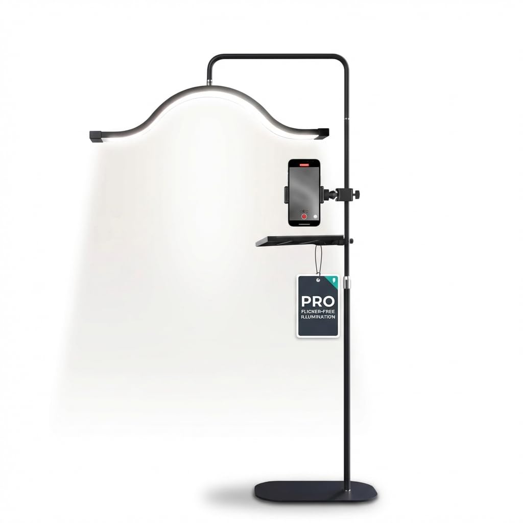 Half Moon Lash Light with Phone Holder for Filming & Content Creation | Dimmable LED Esthetician Light for Eyelash Techs - LED Floor Lash Lamp with Adjustable Height & Touch Control | Black