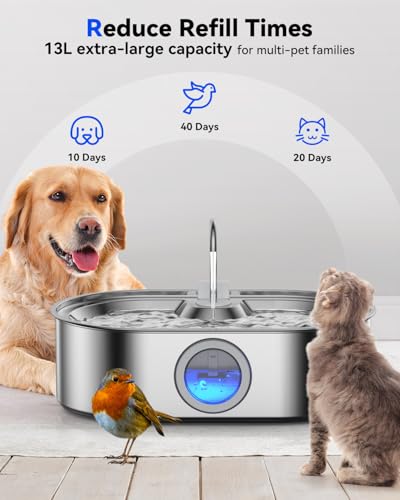 3.4Gal Dog Water Fountain for Large Dogs, 13L Stainless Steel Large Pet Fountain with Deeper & Wider Drinking Area, Automa...