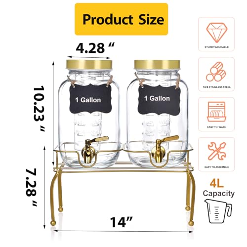 1 Gallon Glass Drink Dispenser Set of 2 – Drink Dispensers for Parties, Beverage Dispenser with Stand & 100% Leakproof Spi...