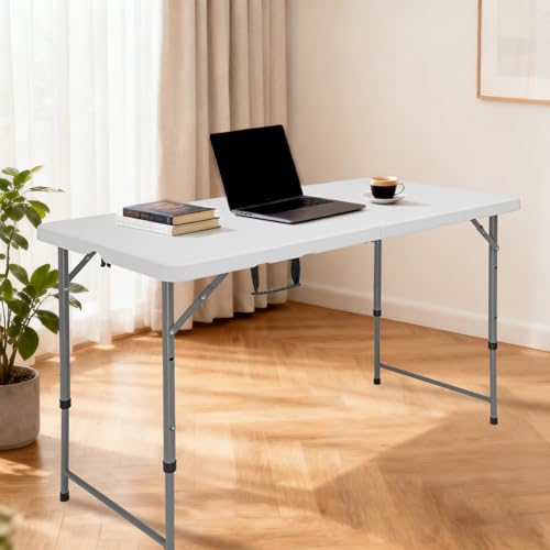CHRONELLE 4FT Folding Table Adjustable Height, Folding Card Table 4 Foot Portable, Plastic Rectangular Camping Tables for ...