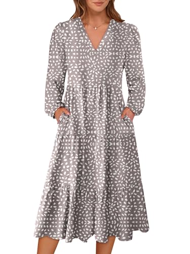 ANRABESS Women's Long Lantern Sleeve Floral Midi Dresses 2026 Spring V Neck Casual Flowy A-line Tiered Boho Vacation Dress