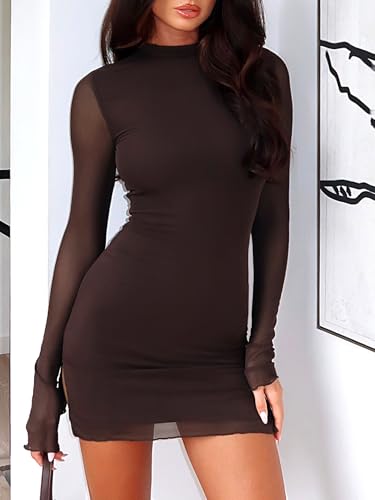 OZICERD Women Long Sleeve Bodycon Mini Dress Mock Neck Sheer Mesh Slit Going Out Dress Fall Rave Club Cocktail Party Dresses