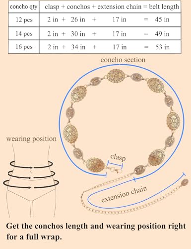 TOPACC Western Metal Concho Belt for Women Cowgirl Chain Belts for Dresses Jeans Country Concert Outfit