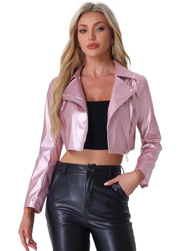 Women's Faux Leather Long Sleeve Zipper Up Moto Cropped Jacket