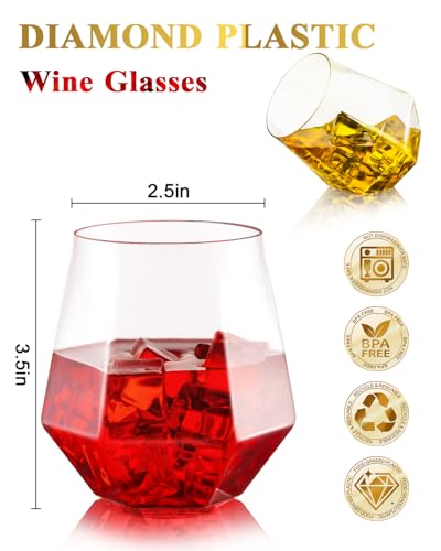 BESTSTAR 40 PCS Clear 12 Oz Plastic Wine Whiskey Glasses, Diamond Stemless Unbreakable Disposable Wine Glasses for Partie...