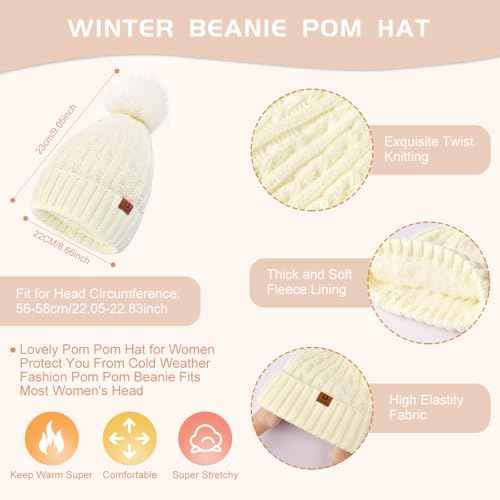 Womens Winter Warm Beanie Hat Long Scarf Touchscreen Gloves Set with Fleece Lined Skull Pom Caps 3 in 1 Set for Gift