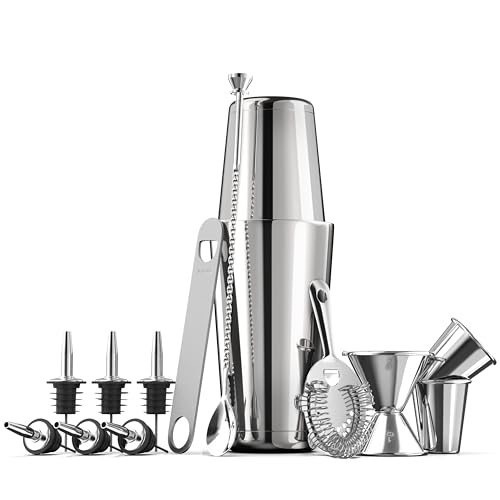 Expert Cocktail Shaker Home Bar Set - 14 Piece Stainless Steel Bar Tools Kit with Shaking Tins, Flat Bottle Opener, Double...