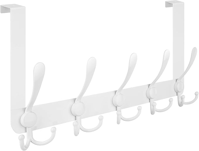 TICONN Over The Door Hooks, 5 Heavy Duty Tri Coat Rack All Metal Coat Hanger for Bathroom Bedroom Dorm (White, 1PK, Fit 1-3/4" Doors)