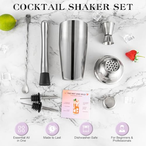 Cocktail Shaker Set, 6-Piece Mixology Bartender Kit Premium Shakers Bartending: Martini Shaker Jigger Mixing Spoon Muddler...