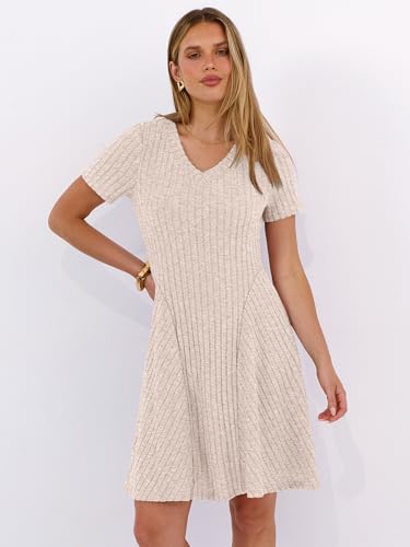 ANRABESS Womens Summer Dresses Casual Short Sleeve Ribbed Knit V Neck Swing A-Line 2026 Spring Vacation Tunics Short Dress