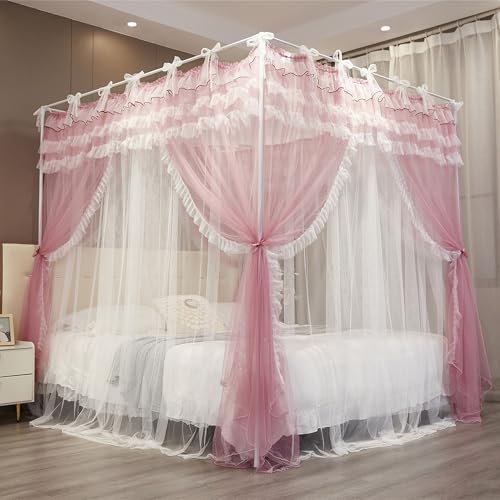NXGIO Bed Canopy Curtain Double Layer 4 Corners Post Lace Up Ruffle Princess Drape Netting 4 Opening Mosquito Net for Girl...