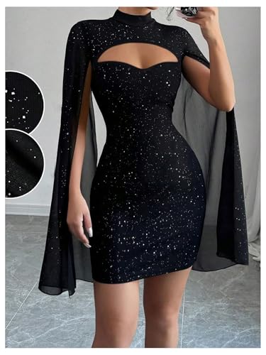 IQLWI Women's Sequin Cloak Sleeve Dress Mock Neck Cocktail Long Flowy Sleeves for Going Out Fromal Prom Party