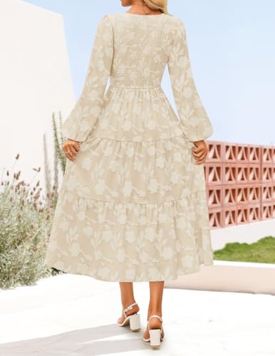 ZESICA Women's Fall Boho Floral Midi Dress 2026 Casual Long Sleeve Crewneck Flowy Wedding Guest Long Dresses