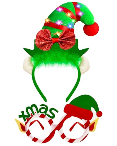 Dkomekii Christmas Elf Headband Light Up LED Elf Hat Headband Glowing with Ears for Xmas Costume Party