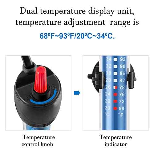 Hitop 25W/50W/100W/300W Adjustable Aquarium Heater, Submersible Glass Water Heater for 5 – 70 Gallon Fish Tank (25W)