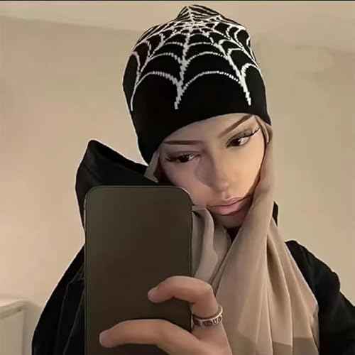 Pooyikoi Y2K Gothic Spider Pattern Wool Acrylic Knitted Hat Women Beanie Winter Warm Beanies Men Casual Skullies Outdoor Black