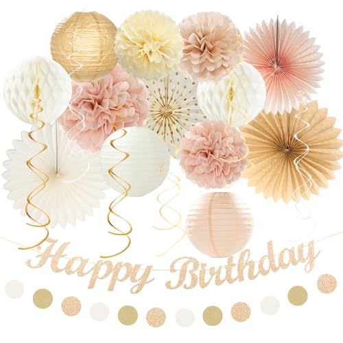 Champagne-Gold Beige Fall Boho Birthday Party-Decorations - 21pcs Autumn Neutral Retro Happy Banner,Girl One Sweet Peach P...