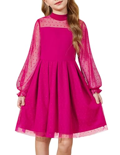 Arshiner Girls Dresses Contrast Mesh Puff Long Sleeve Mock Neck Formal Party A Line Short Tulle Dress