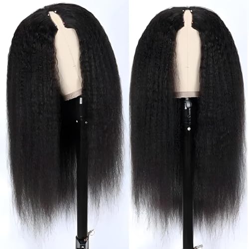 V Part Wig Human Hair Kinky Straight 20 Inch Vpart Human Hair Wig Upgrade U Part Wig Yaki Straight Clip in Half Wigs for Black Women Glueless No Leave Out 180% Density Natural Color