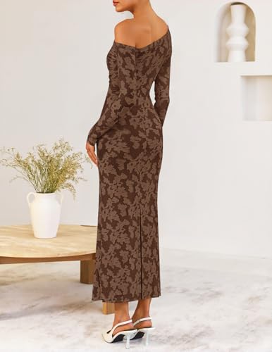 ZESICA Women's Fall Floral Off Shoulder Bodycon Maxi Dresses 2026 Long Sleeve Ruched Elegant Cocktail Party Dress