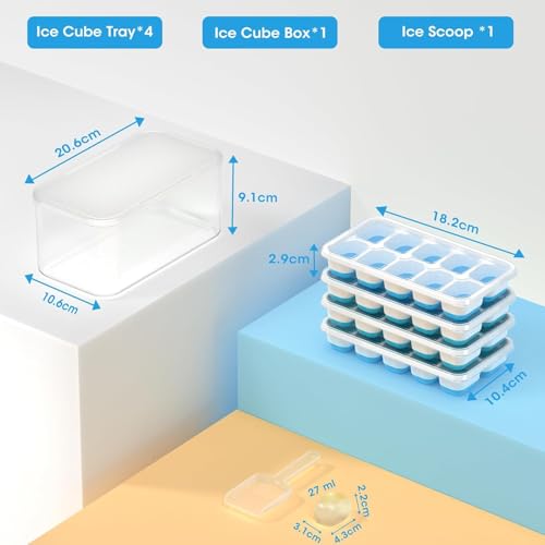 DOQAUS Ice Cube Tray with Lid and Bin - 4 Pack Silicone Ice Cube Trays for Freezer, Stackable Ice Bucket Kits with Storage...