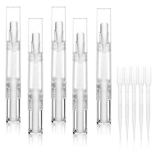 5 pack 5ml Transparent Twist Pen for Cuticle Oil Applicator, Empty Nail Oil Pen with Brush Tip, Eyelash Growth Liquid Tube, Cosmetic Lip Gloss Container (5x)