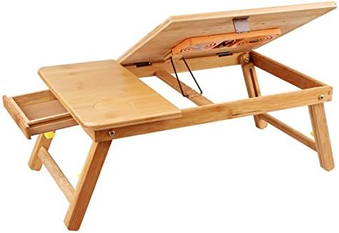 Easy Desk Bamboo Laptop Desk Laptop Table with USB Cooling Fan Adjustable Portable Breakfast Serving Bed Tray Foldable and Drawer, 22” Tilting Tray Top Surface