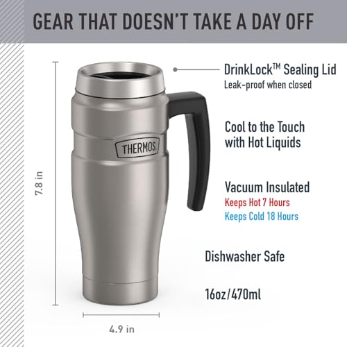 THERMOS Stainless King Vacuum-Insulated Travel Mug with Handle - 16oz, Matte Steel - Thermos Tumbler for Hot & Cold Drinks...