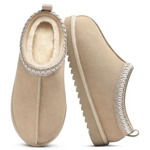 Evshine Women’s Genuine Suede Slippers, Fuzzy Warm House Shoes for Indoor Outdoor, Great Gift for Winter Comfort