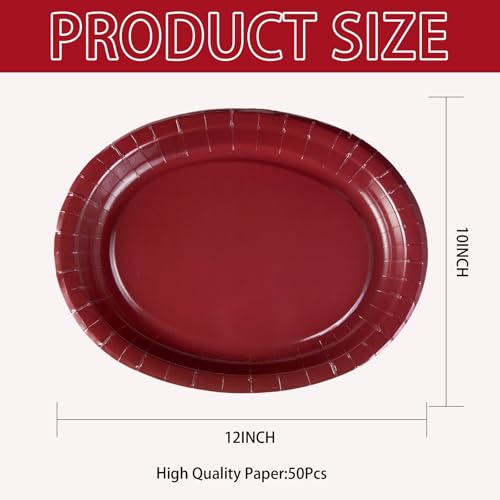 50Pcs Burgundy Oval Paper Plates 10" x 12" Heavy Duty Maroon Wine Dark Red Party Disposable Plates Valentines Day Dessert ...
