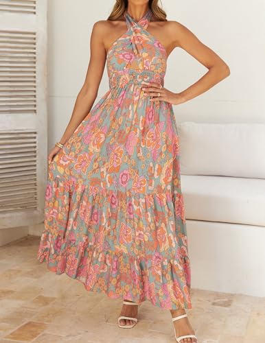 ZESICA Women's 2026 Summer Crossover Halter Neck Sleeveless Plaid Cut Out Backless Flowy A Line Maxi Dress