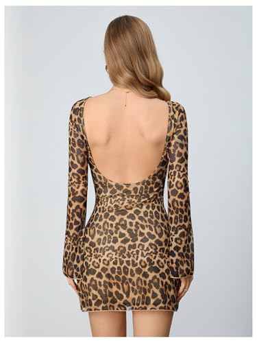 MakeMeChic Women's Cheetah Print Mini Dress Y2k Bell Sleeve Leopard Print Dress Going Out Outfits