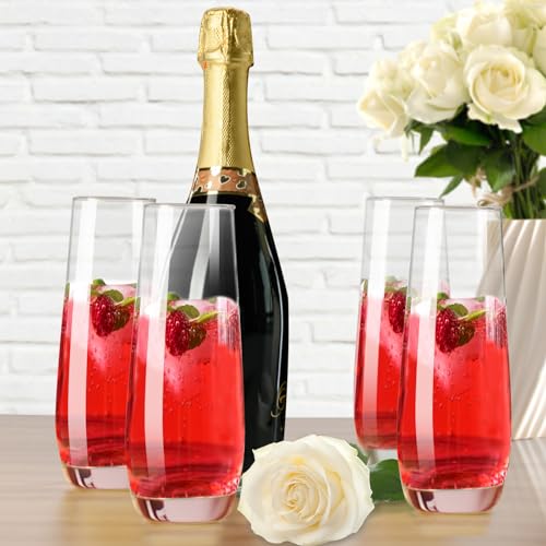 PARACITY Stemless Champagne Flutes, Champagne Glasses Set of 4, 8oz Glass Champagne Flutes, Gift for Birthday, Wedding, Ch...