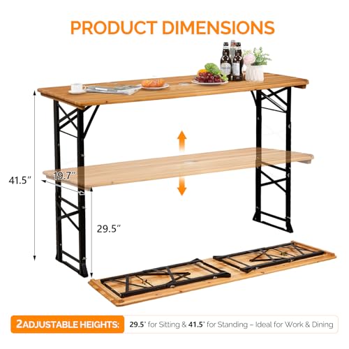 VINGLI 67 Inch Wooden Folding Picnic Table, Picnic Beer Table with Umbrella Hole, Adjustable Heights (29.5" Sitting & 41....