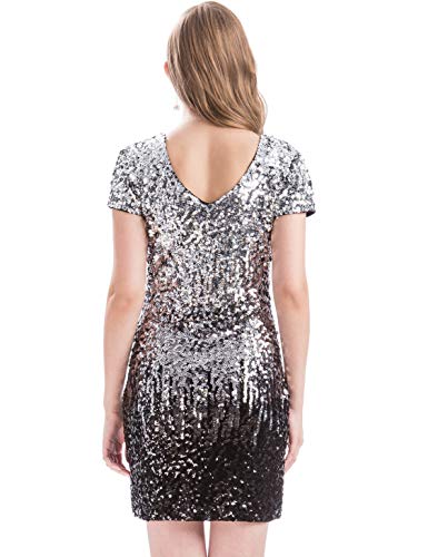 MANER Women's Sequin Glitter Short Sleeve Dress Sexy V Neck Mini Party Club Bodycon Dresses