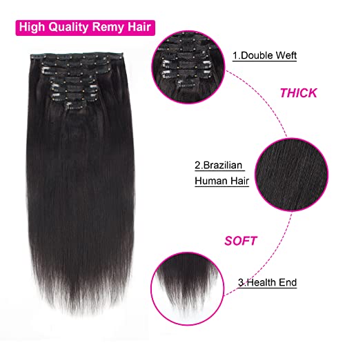 Lovrio 9A Yaki Straight Clip in Human Hair Extensions Double Weft Straight Clip in Hair Extensions Human Hair for Black Women 16 Inch Natural Black Yaki Clip ins Hair 120 Grams 7 Pieces With 17 Clips
